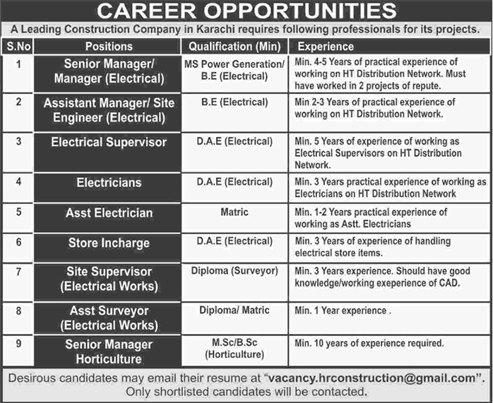 Construction Company Jobs in Karachi May 2016 Electrical Engineers, Managers & Electricians Latest