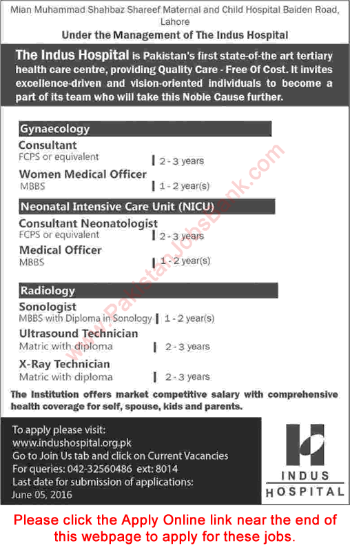 Indus Hospital Lahore Jobs May 2016 Online Apply Shahbaz Sharif Maternal & Child Hospital Latest