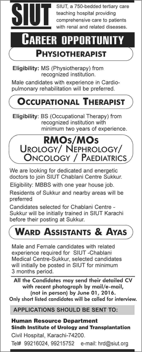 SIUT Karachi Jobs May 2016 Medical Officers, RMO, Physiotherapists, Occupational Therapist & Others Latest