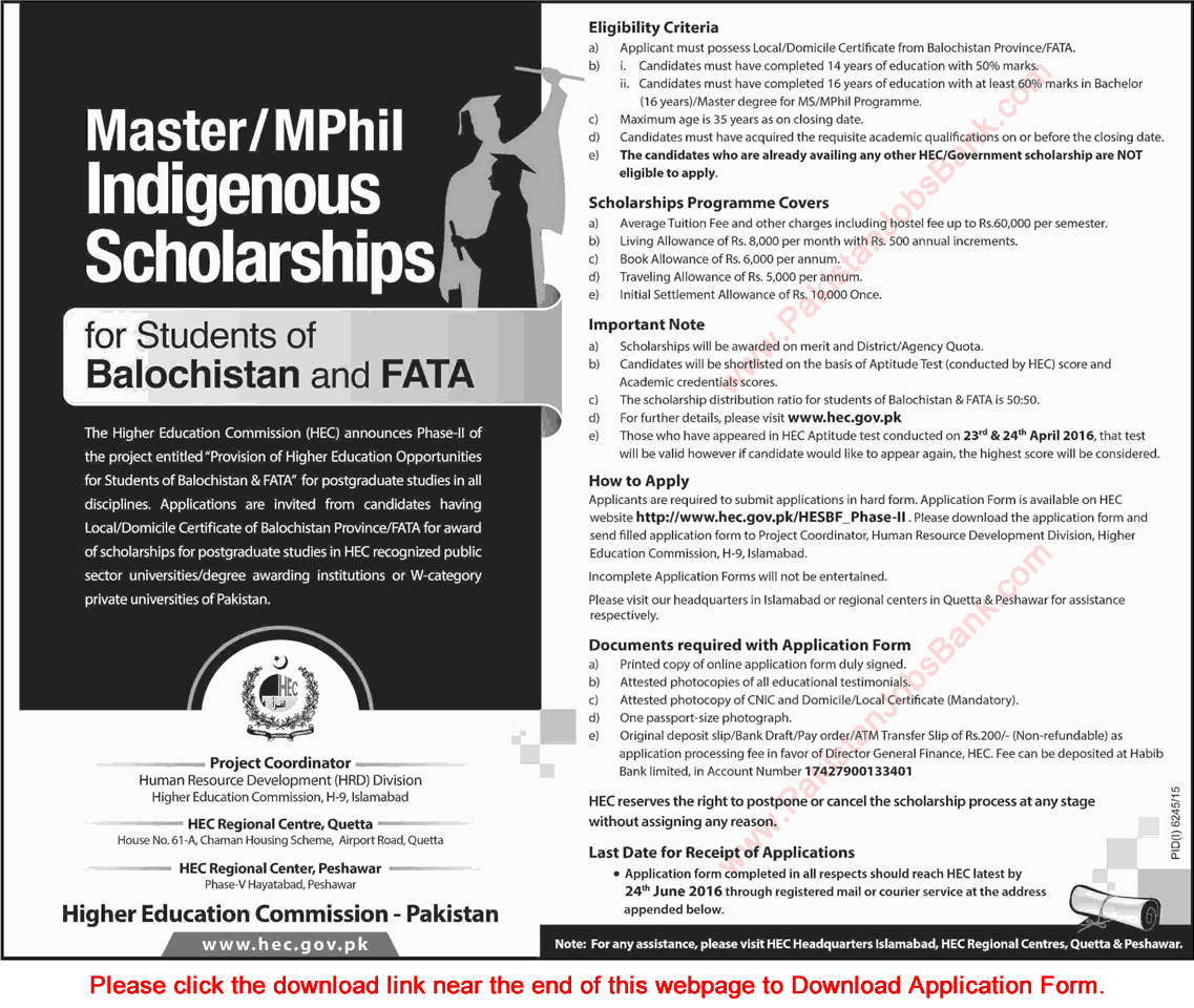 HEC Indigenous Scholarship 2016 Application Form Master / MPhil for Students of Balochistan & FATA Latest