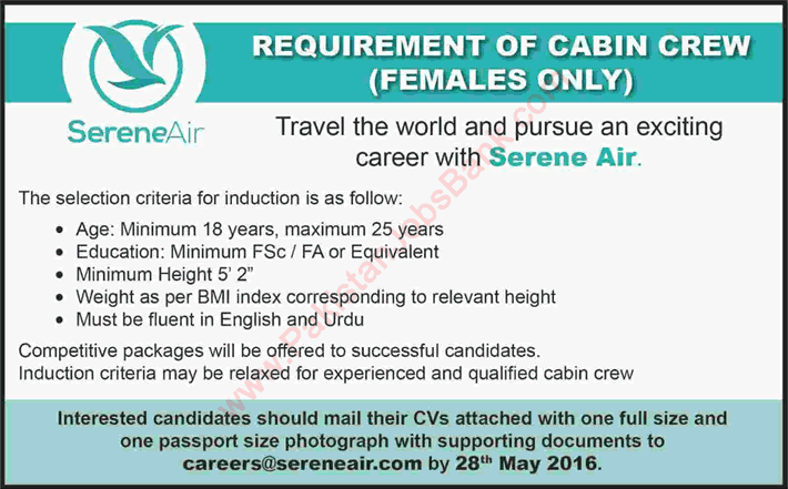 Cabin Crew Jobs in Serene Air Pakistan 2016 May for Females Latest Advertisement