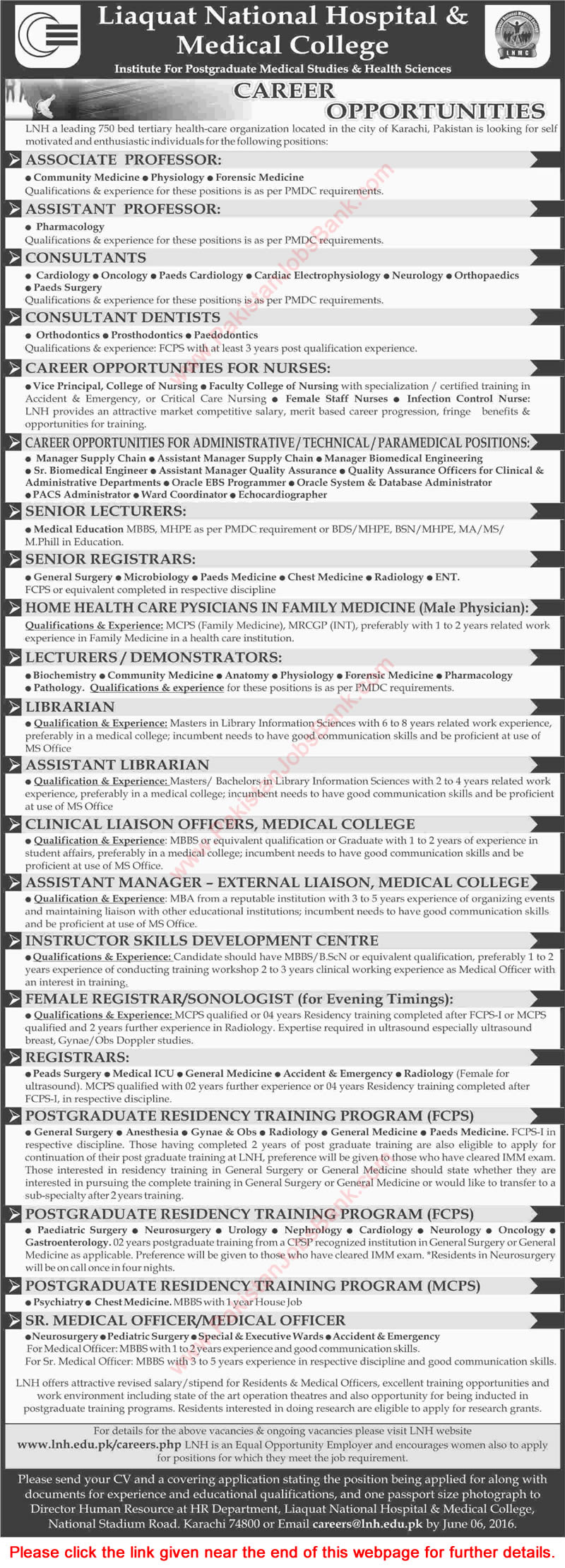 Liaquat National Hospital Karachi Jobs May 2016 June LNMC Medical College Latest / New
