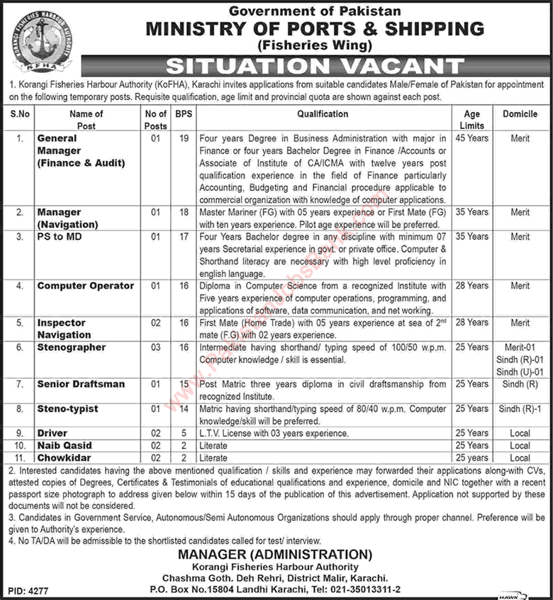 Korangi Fisheries Harbour Authority Karachi Jobs 2016 May / June Ministry of Ports & Shipping Latest