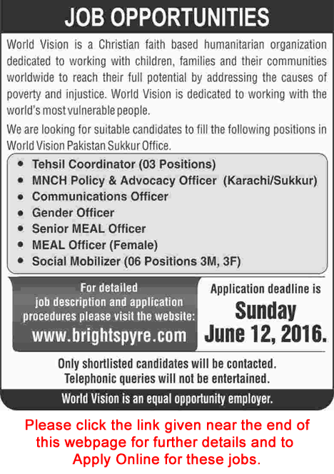World Vision Pakistan Jobs May 2016 June in Karachi & Sukkur Apply Online Social Mobilizers & Others Latest