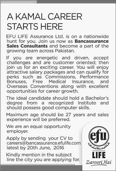 EFU Life Insurance Jobs June 2016 for Sales Consultant Latest