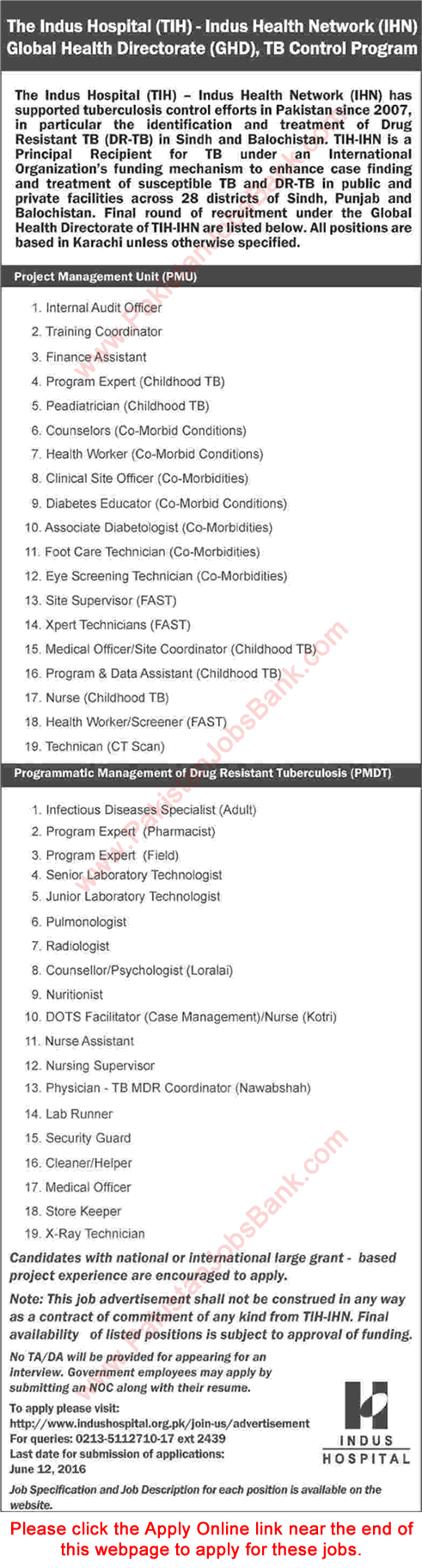 Indus Hospital Karachi Jobs June 2016 Apply Online Medical Officers, Nurses, Medical Technicians & Others Latest