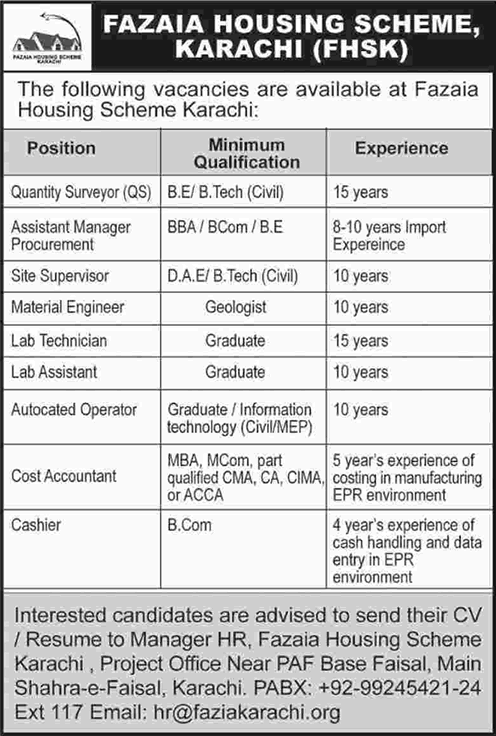 Fazaia Housing Scheme Karachi Jobs June 2016 FHSK Civil Engineers, Lab Technician / Assistant & Others Latest