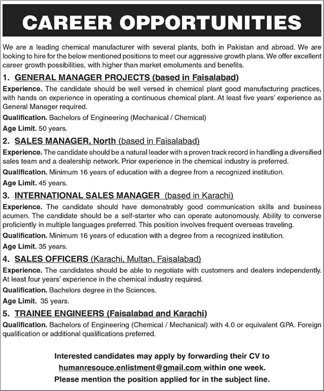 Chemical Industry Jobs in Pakistan 2016 June Sales Officers, Trainee Engineers & Managers Latest