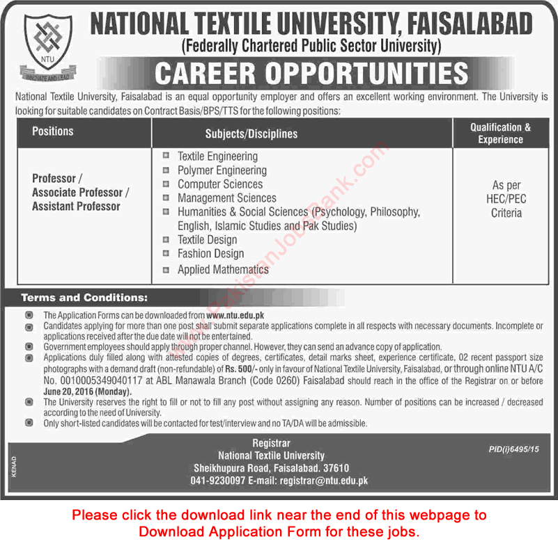 National Textile University Faisalabad Jobs June 2016 NTU Application Form Teaching Faculty Latest