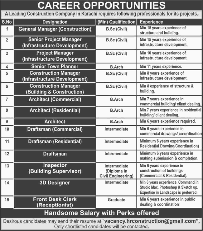 Construction Company Jobs in Karachi June 2016 Civil Engineers, Draftsman, Architect & Others Latest