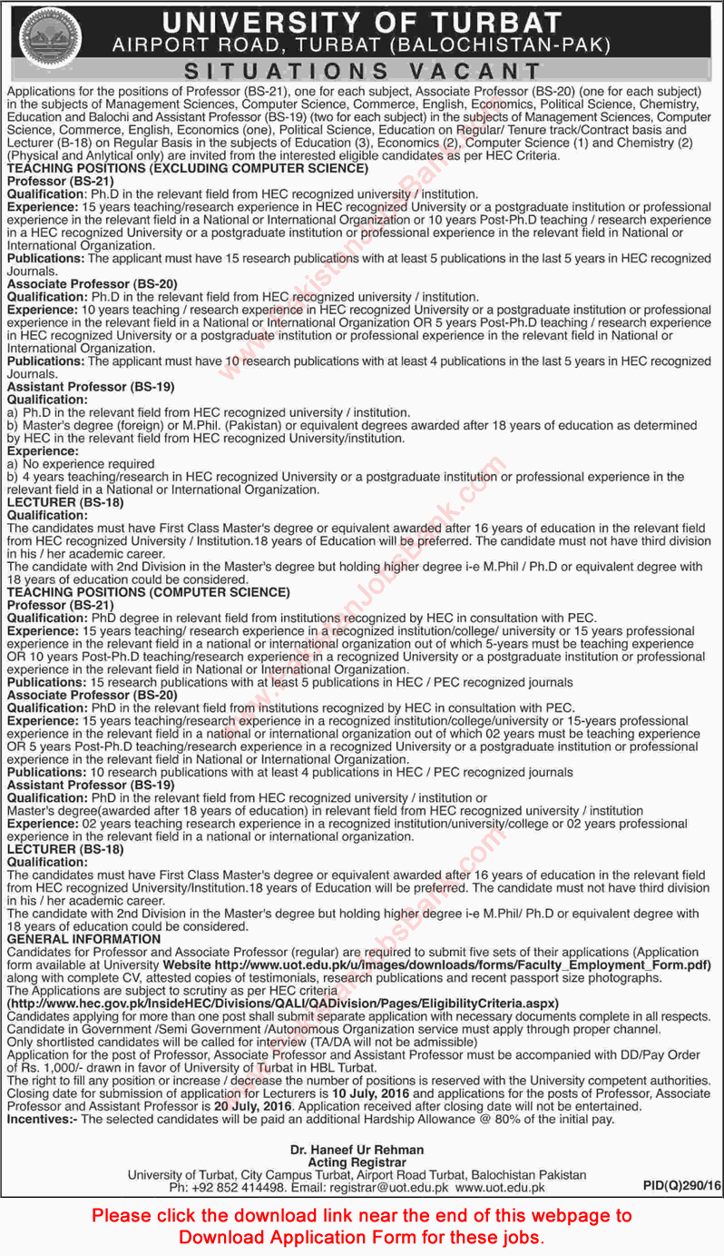 University of Turbat Jobs 2016 June Application Form Teaching Faculty Latest