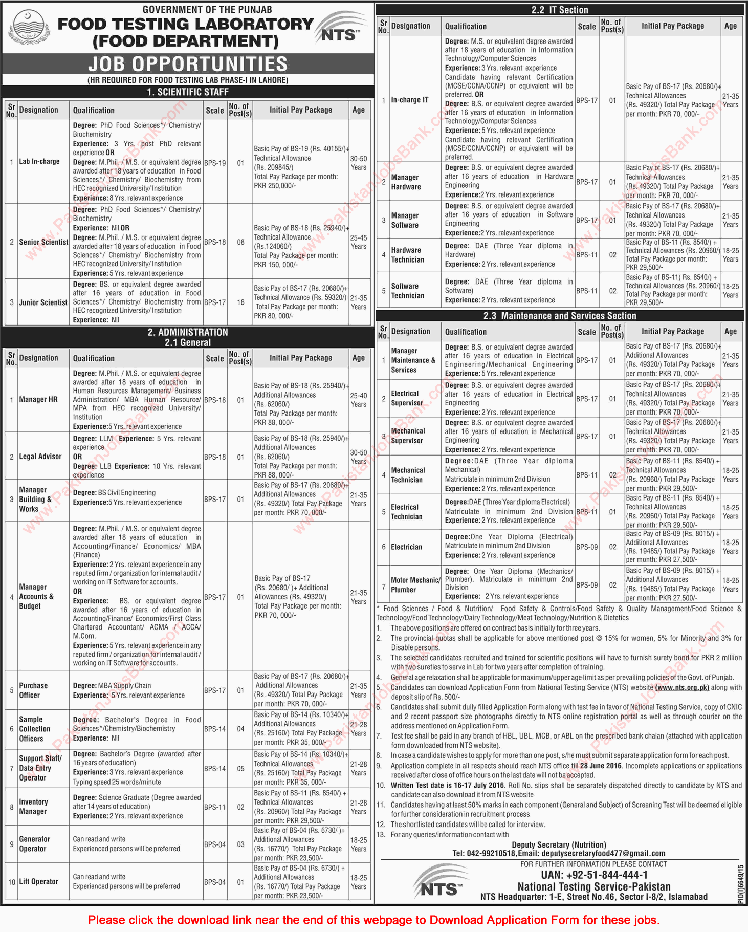 Food Testing Laboratory Lahore Jobs 2016 June NTS Application Form Download Latest