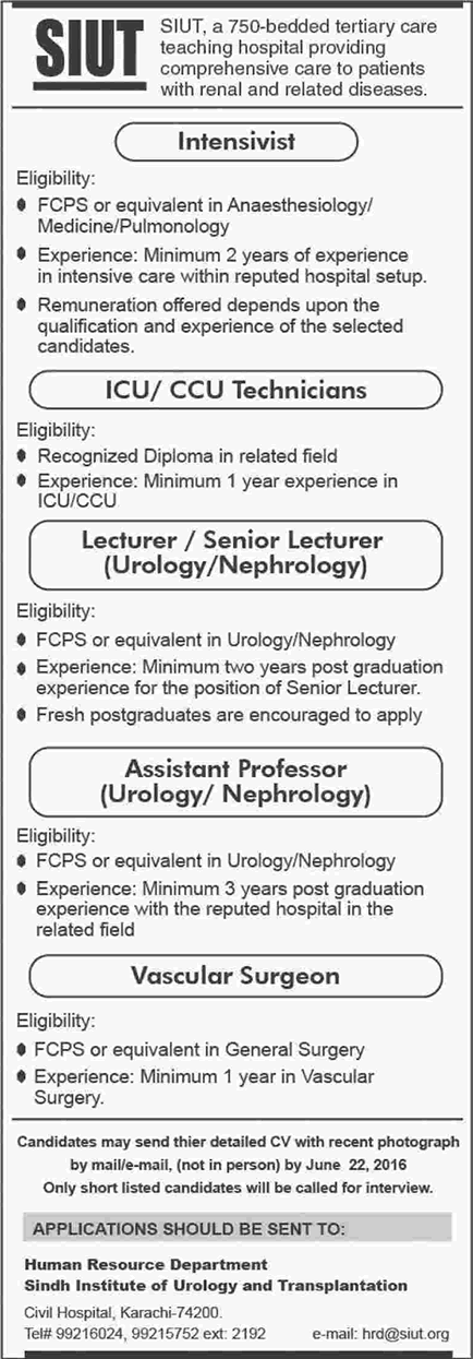 SIUT Karachi Jobs June 2016 Teaching Faculty, ICU / CCU Technicians, Vascular Surgeon & Intensivist Latest