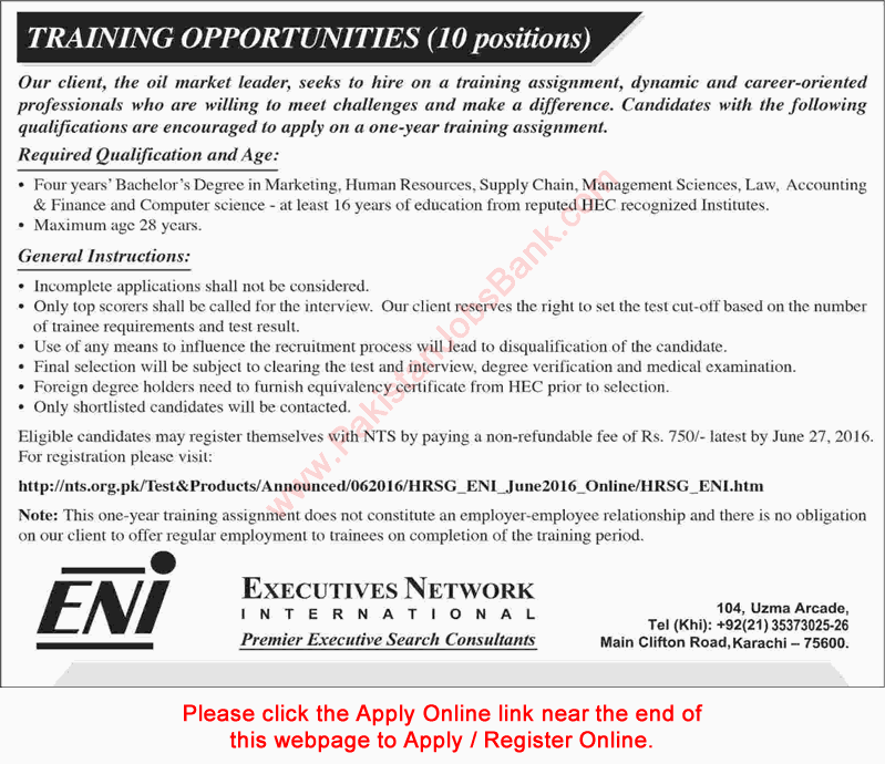ENI Pakistan Jobs Training Opportunities 2016 June NTS Online Application Form Latest