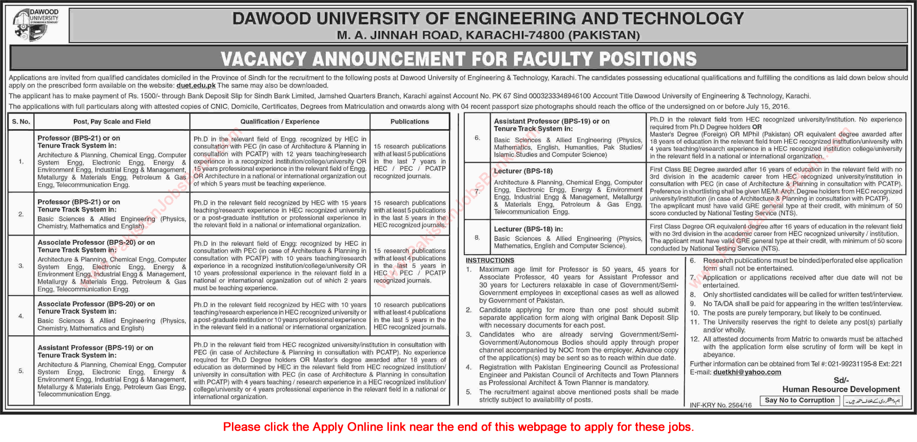 Dawood University Karachi Jobs 2016 June DUET Online Application Form Teaching Faculty Latest