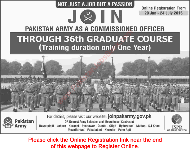 Join Pakistan Army as Commissioned Officer 2016 June through 36th Graduate Course Online Registration Latest