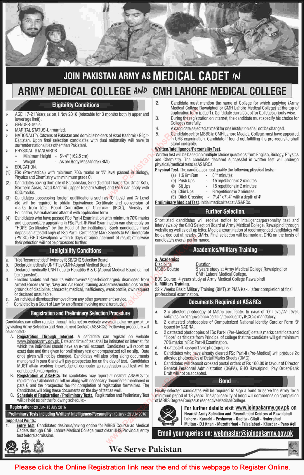 Join Pakistan Army as Medical Cadet 2016 June Online Registration Latest Advertisement