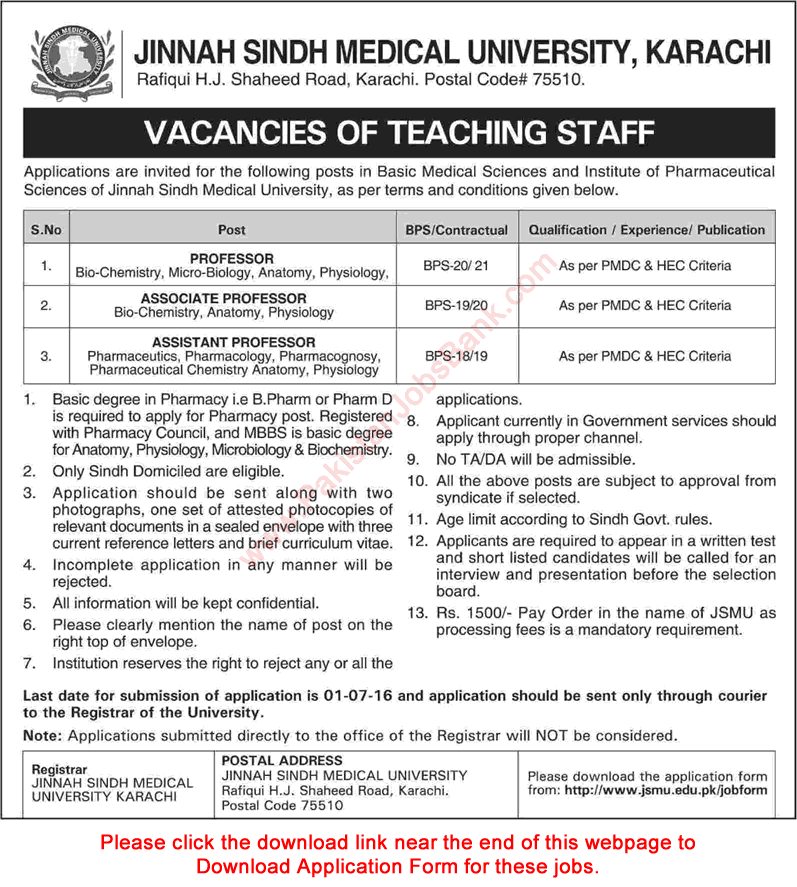 Jinnah Sindh Medical University Karachi Jobs 2016 June JSMU Application Form Teaching Faculty Latest