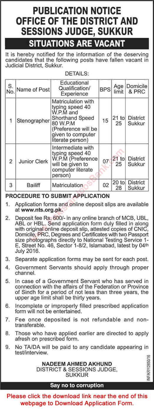 District and Session Court Sukkur Jobs 2016 June NTS Application Form Stenographers, Clerks & Bailiff Latest