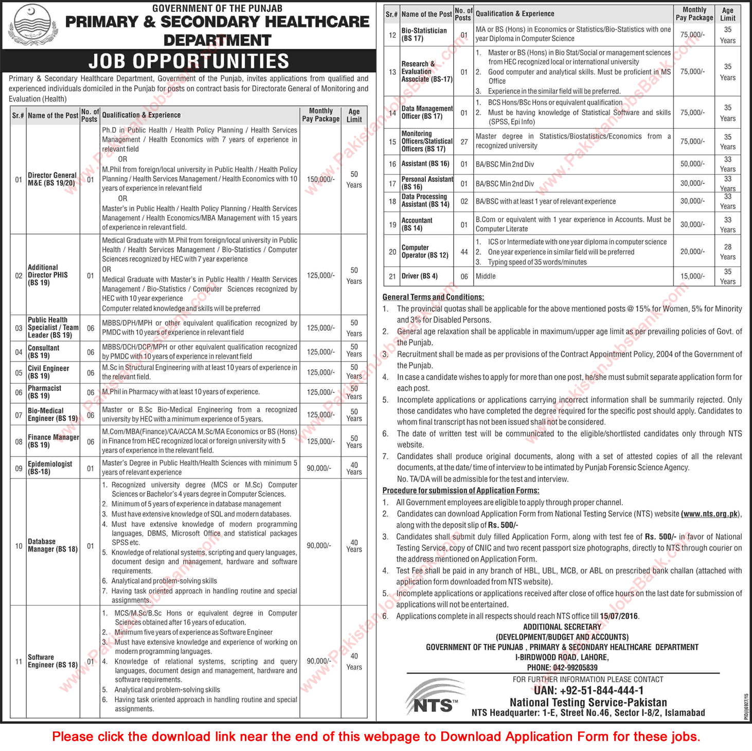 Primary and Secondary Healthcare Department Punjab Jobs June 2016 NTS Application Form Download Latest / New