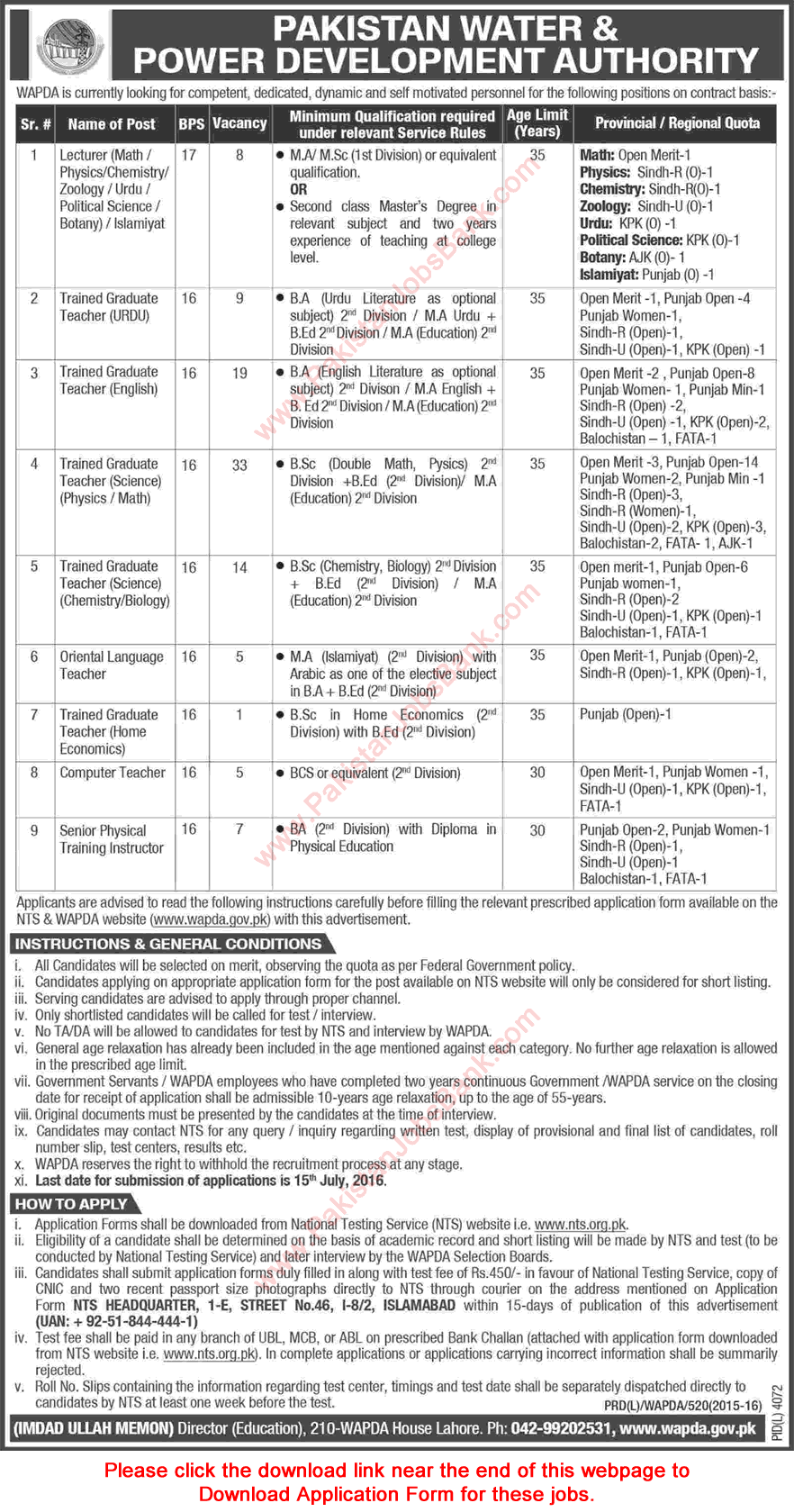 WAPDA Jobs June 2016 NTS Application Form Teaching Staff Water and Power Development Authority Latest