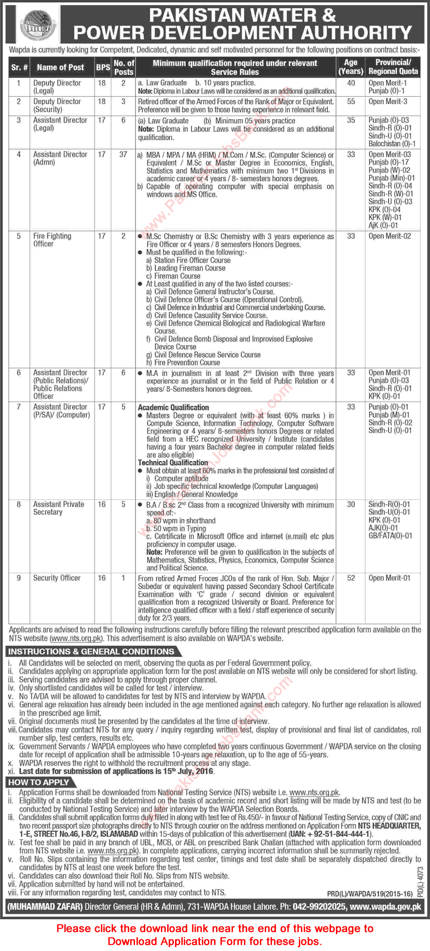 WAPDA Jobs June 2016 Deputy / Assistant Directors & Others NTS Application Form Download Latest