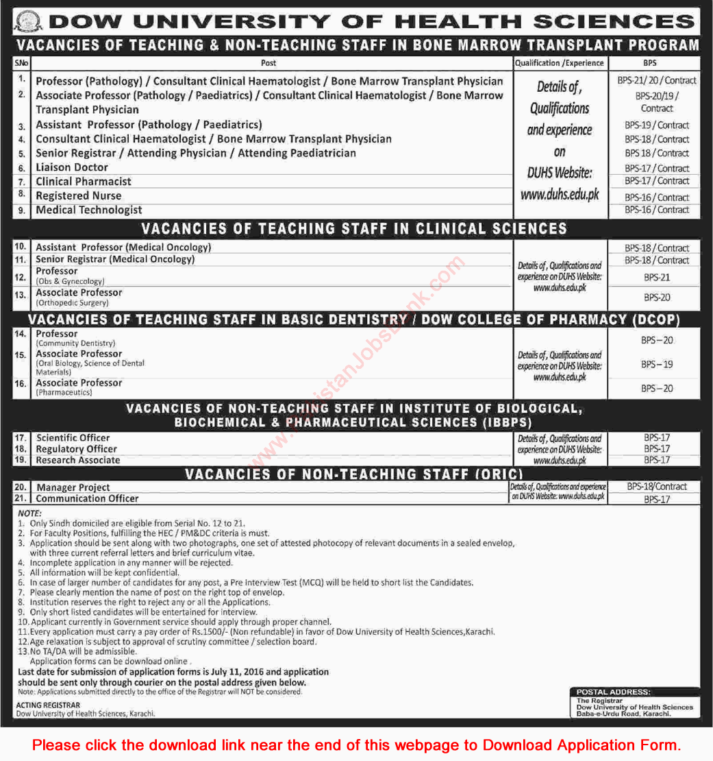 Dow University of Health Sciences Karachi Jobs June 2016 Application Form Teaching Faculty & Others Latest