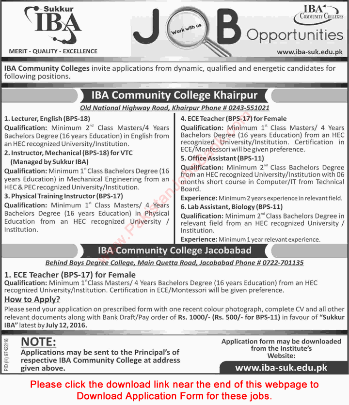 IBA Community Colleges Khairpur / Jacobabad Jobs 2016 June Application Form Download Latest