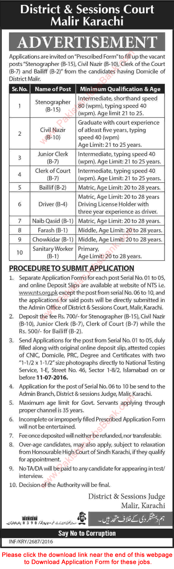 District and Session Court Malir Karachi Jobs 2016 June / July NTS Application Form Download Latest