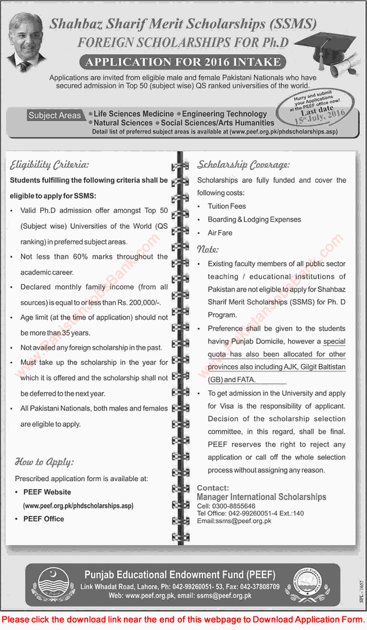 Shahbaz Sharif Merit Scholarships July 2016 PEEF Application Form SSMS PhD Foreign Scholarships Latest