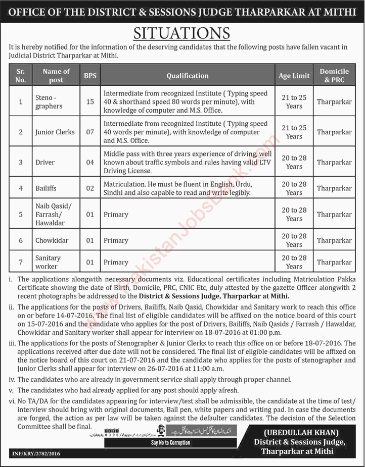 District and Session Court Tharparkar Jobs 2016 July Stenographers, Clerks, Naib Qasid & Others Latest