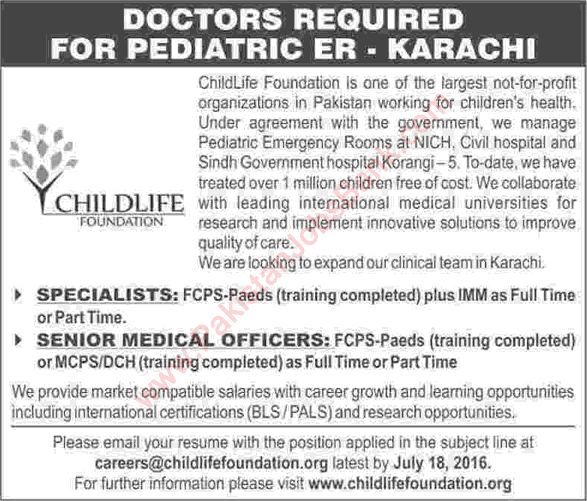 Child Life Foundation Karachi Jobs July 2016 Medical Officers & Specialist Doctors Latest