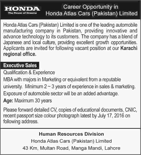 Honda Atlas Cars Pakistan Jobs 2016 July Karachi for Sales Executives Latest