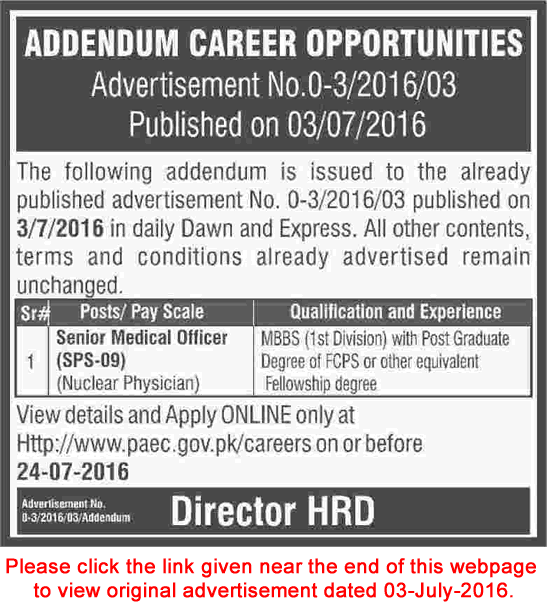 PAEC Jobs July 2016 Senior Medical Officers Addendum Latest