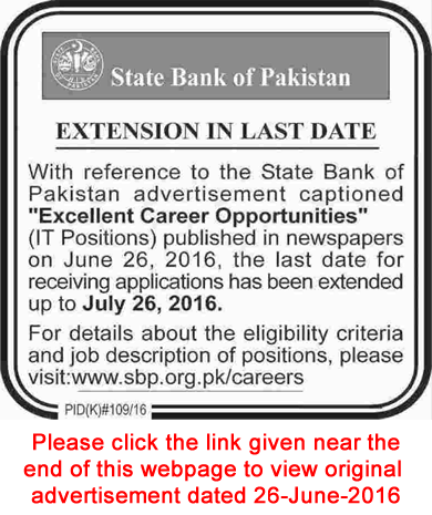 State Bank of Pakistan Jobs July 2016 SBP Last Date Extension Corrigendum Latest