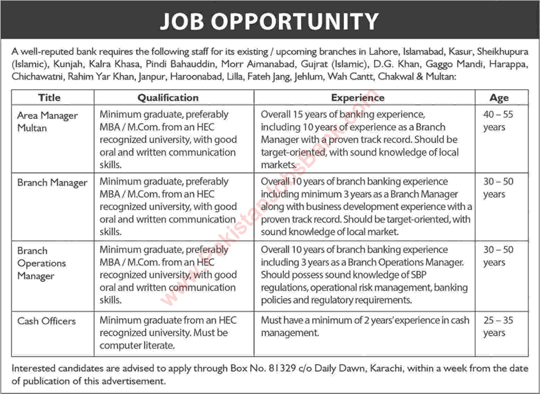 Bank Jobs in Pakistan July 2016 Cash Officers, Branch & Area Managers Latest Advertisement