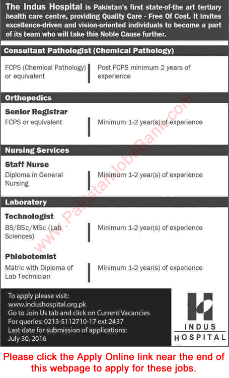 Indus Hospital Karachi Jobs July 2016 Apply Online Staff Nurses, Lab Technician & Others Latest