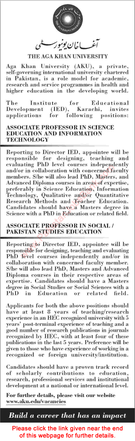 Aga Khan University Karachi Jobs 2016 July Associate Professors Institute for Educational Development Latest