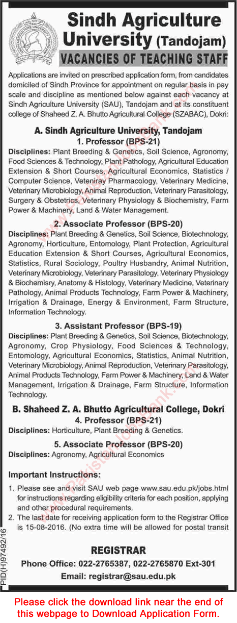 Sindh Agriculture University Tandojam Jobs 2016 July Application Form Teaching Faculty Latest
