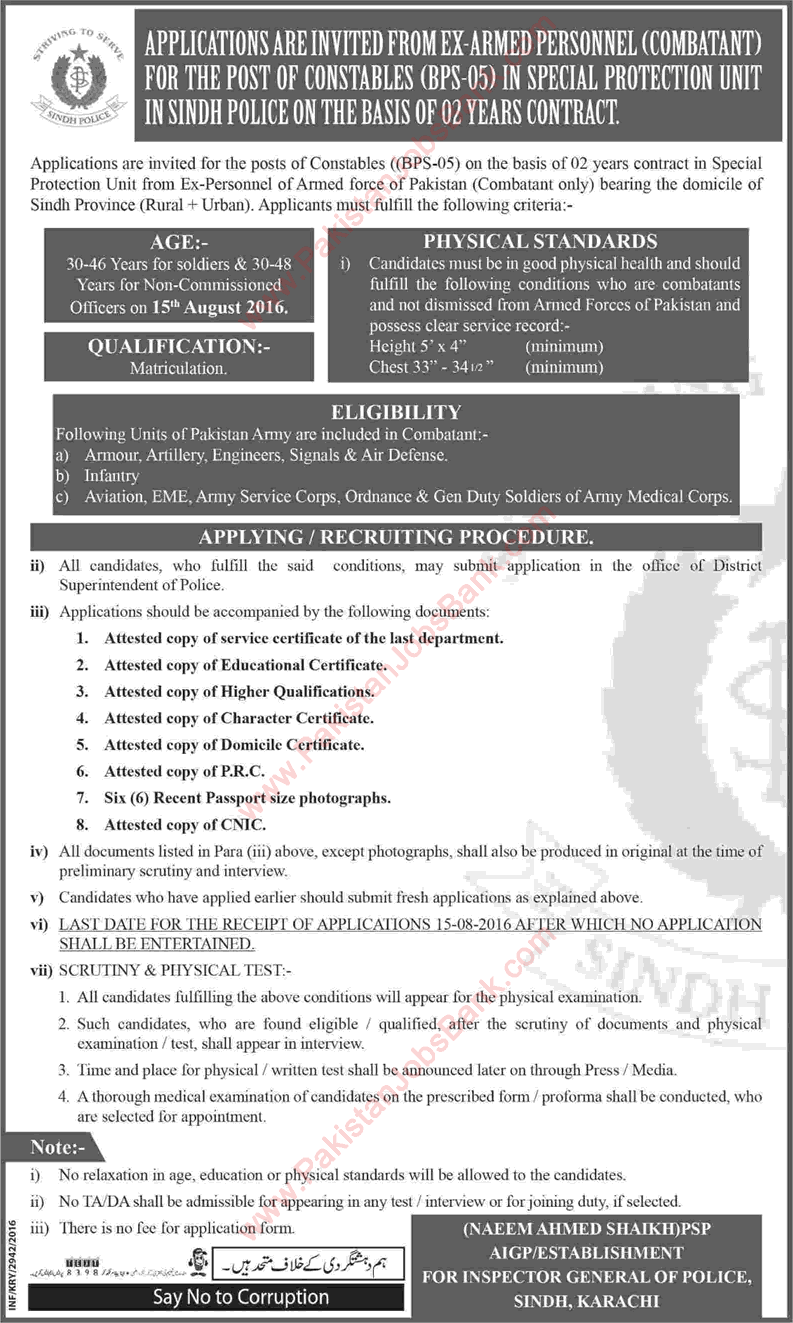 Sindh Police Constable Jobs July 2016 in Special Protection Unit (SPU) Ex/Retired Army Personnel Combatant Latest