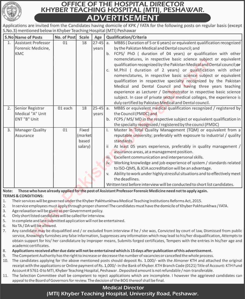 Khyber Teaching Hospital Peshawar Jobs July 2016 MTI Assistant Professor, Registrar & QA Manager Latest