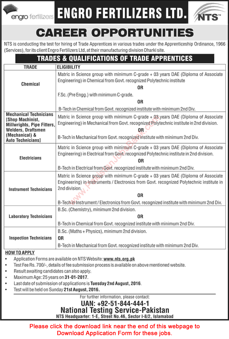 Engro Fertilizer Apprenticeship July 2016 Trade Apprentices Jobs NTS Application Form Download Latest