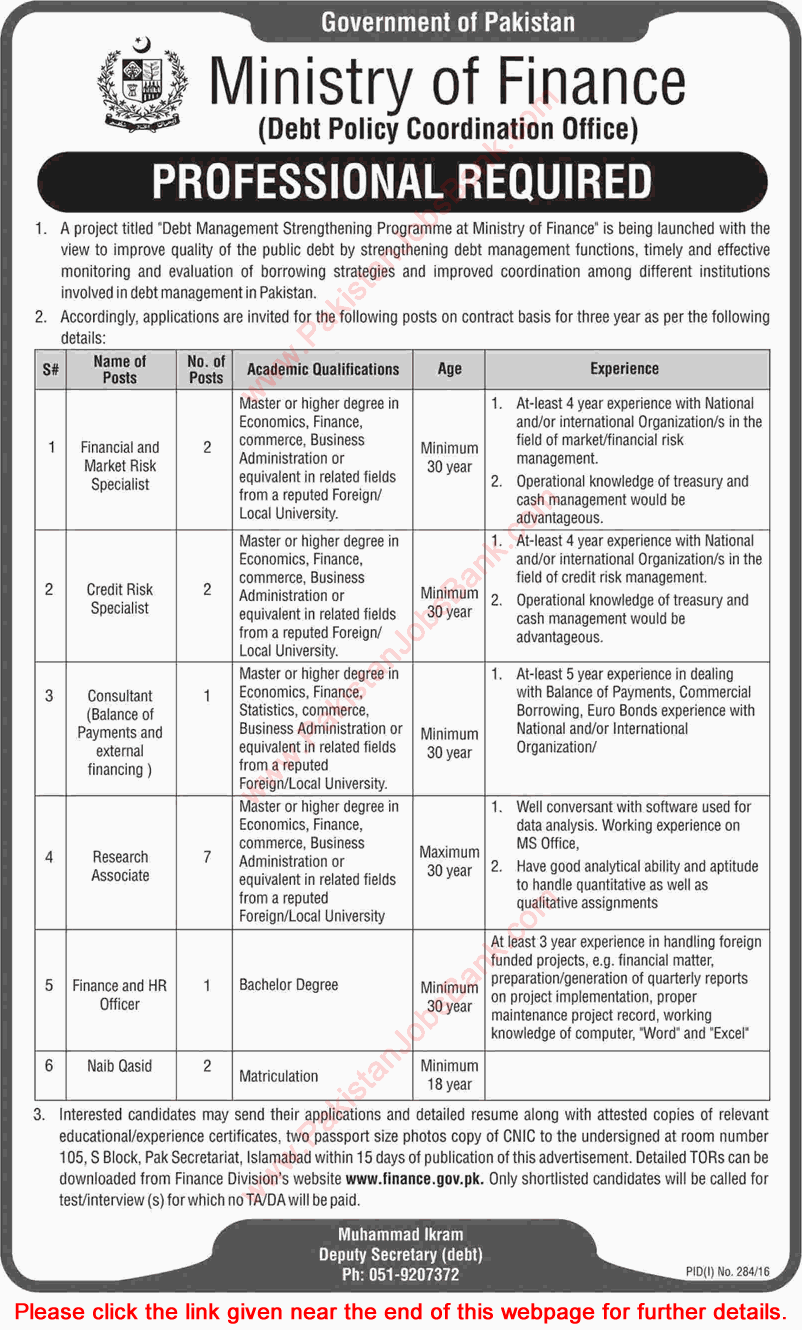 Ministry of Finance Pakistan Jobs 2016 July Islamabad Research Associates, Specialists & Others Latest