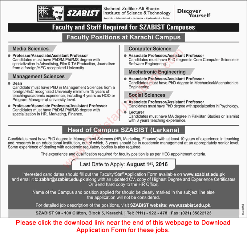 SZABIST Jobs July 2016 Application Form Teaching Faculty & Head of Campus Latest
