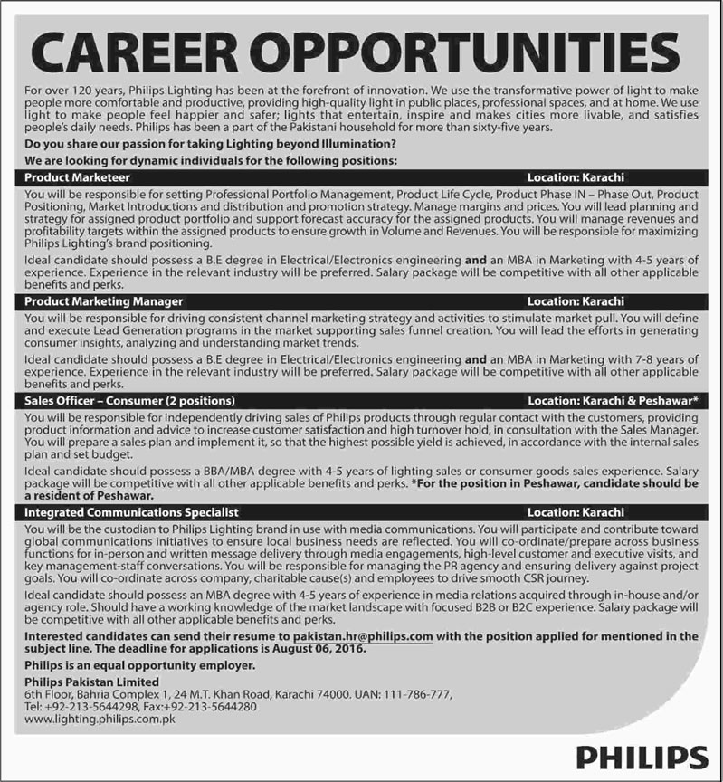 Philips Pakistan Jobs 2016 July Sales Officers, Project Marketer, Manager & Communications Specialists Latest