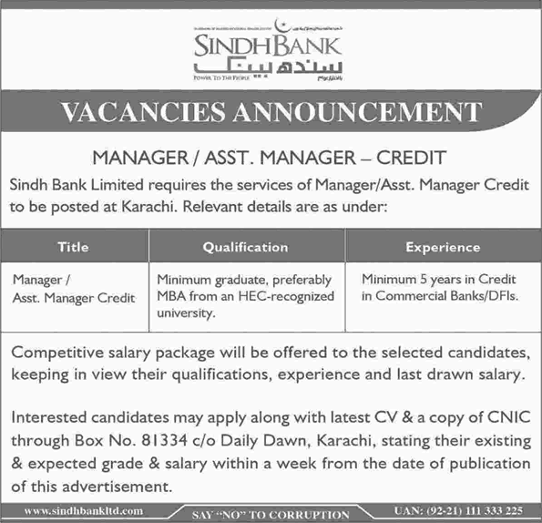 Credit Manager Jobs in Sindh Bank Karachi 2016 July Latest