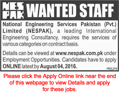 Economist and Manager Monitoring & Safety Jobs in NESPAK Pakistan July 2016 Latest