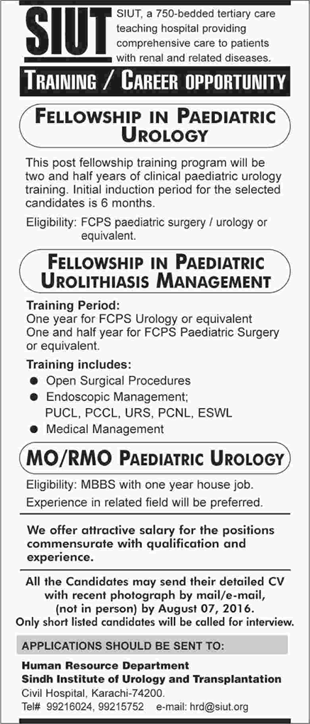 SIUT Karachi Jobs July 2016 Medical Officers & Fellowships in Pediatric Urology & Urolithiasis Management Latest