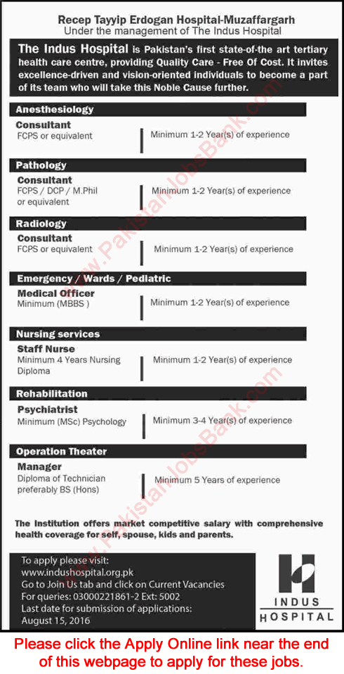 Indus Hospital Muzaffargarh Jobs July 2016 August Apply Online Recep Tayyip Erdogan Hospital Latest