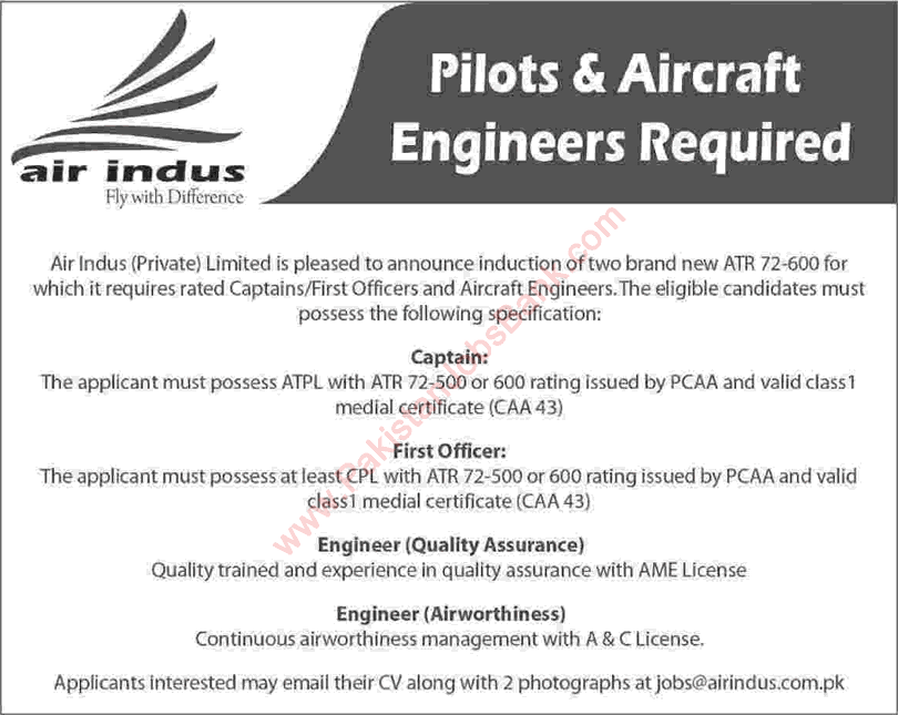 Air Indus Jobs 2016 August Captains, First Officers & Aircraft Engineers Latest Advertisement